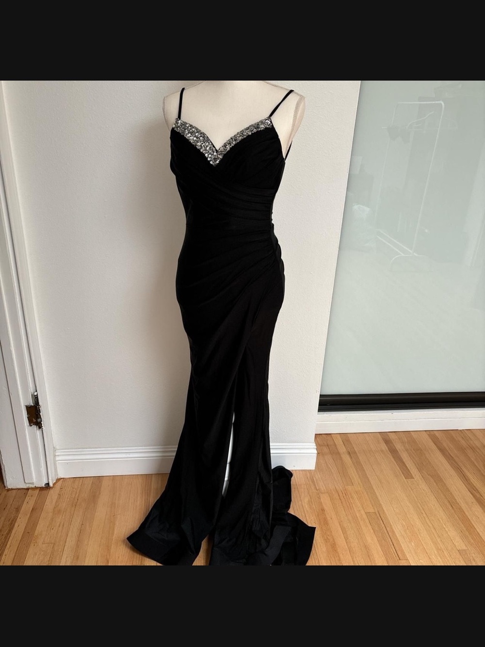 Elegant Black Beaded Spaghetti Strap Evening Gown